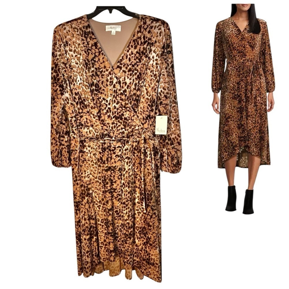 Nurture Westbound Plus Size 2X Faux Wrap Belt Dress Animal Print Velvet Burnout